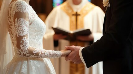 Bride and groom holding hands during wedding ceremony with priest in background reading from book
