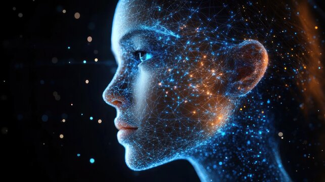 Close-up of a futuristic human face with interconnected glowing blue and orange digital network patterns on the skin, expressing a calm and contemplative emotion
