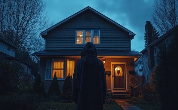 figure wearing dark hooded cloak standing in front of warmly lit suburban house at dusk under blue cloudy sky