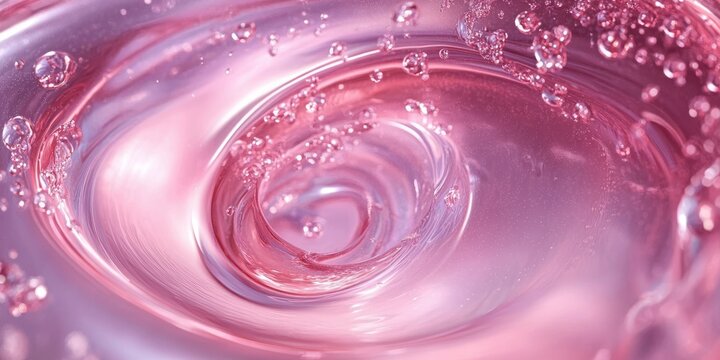 Close-up of a swirling pink liquid vortex with bubbles suspended in motion, conveying fluidity and dynamic movement - Powered by Adobe