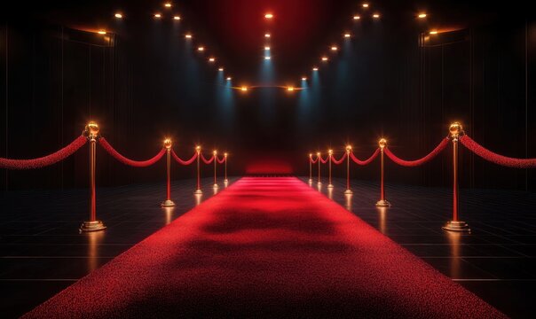 Empty luxurious red carpet walkway flanked by velvet ropes and illuminated by golden lights creating a glamorous and elegant atmosphere - Powered by Adobe
