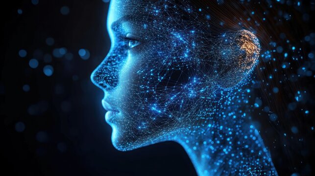 profile of a female face with blue glowing digital network connections and nodes representing artificial intelligence and neural networks