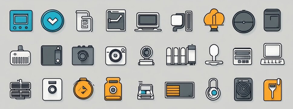 Collection of various flat line style icons representing technology devices, gadgets, and security elements in blue, orange, black, and white colors on a light gray background