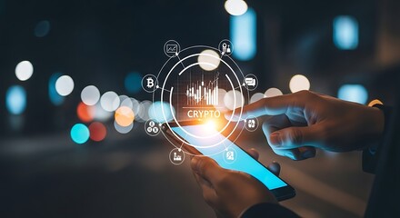 A person interacts with a smartphone displaying a crypto interface with glowing icons, against a blurred cityscape background.