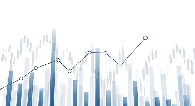 Upward trending line graph with vertical bars, illustrating growth and financial data on a white background.