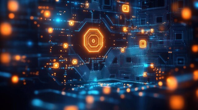 Futuristic digital circuit board with glowing orange and blue neon lights symbolizing advanced technology and data connections