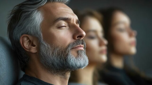 Close-up of a calm middle-aged man with grey beard and closed eyes leaning back, two blurred women in the background also with eyes closed evoking peaceful meditation