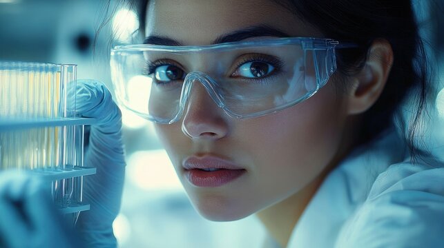 close-up of a focused female scientist wearing protective goggles and gloves holding a rack of test tubes in a laboratory setting