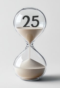 Transparent hourglass with beige sand flowing from upper bulb to lower bulb with number 25 displayed inside the top section representing passage of time