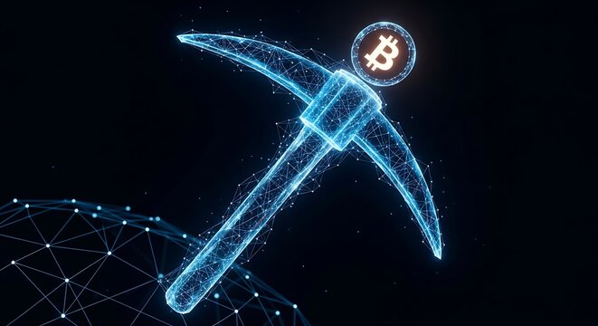 A digital rendering of a pickaxe with a Bitcoin symbol, suggesting cryptocurrency mining.