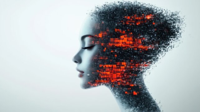 Profile of a female human face composed of glowing red and black digital cubes disintegrating into pixels representing a fusion of technology and humanity