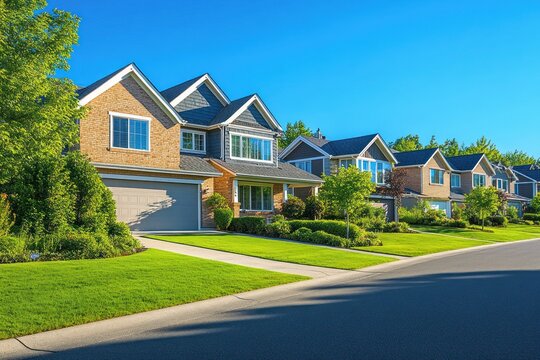 Sunny suburban neighborhood with modern two-story houses, well-maintained green lawns, and clear blue sky conveying a peaceful and welcoming atmosphere