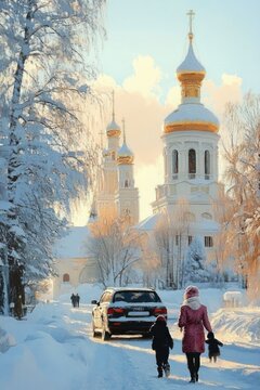 Snow-covered street with golden-domed church in soft sunlight and a woman walking with two children near a parked car