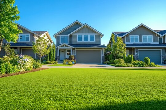 Suburban neighborhood with three modern two-story houses surrounded by green lawns, trees, and clear blue sky on a sunny day
