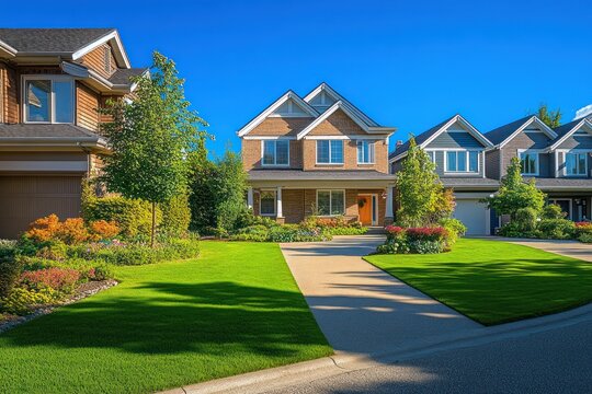 Sunny suburban street with three modern two-story houses surrounded by neatly manicured green lawns and vibrant landscaping under a clear blue sky