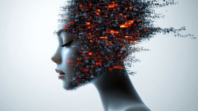 Profile of a serene human face transforming into glowing digital data fragments symbolizing fusion of humanity and technology