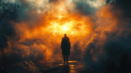 Fototapeta premium Silhouette of a person standing on a pathway surrounded by dense fog or smoke illuminated by a blazing orange sunset or fire in a dark, urban environment