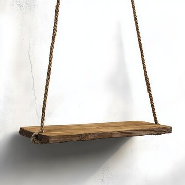 rustic wooden swing seat hanging by thick ropes against a plain white textured wall