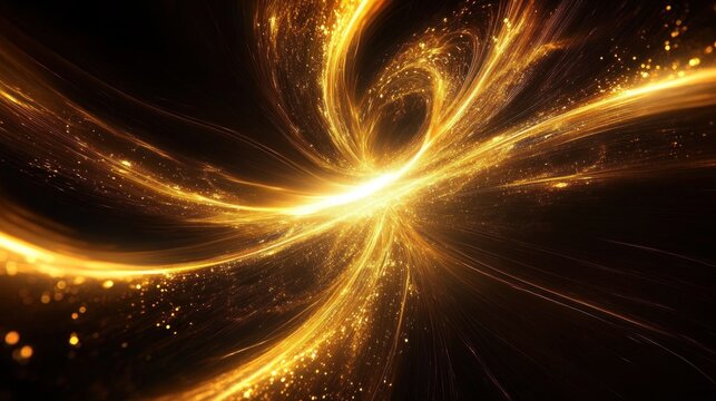 Dynamic swirling golden light particles creating a bright, energetic spiral pattern on a dark background evoking motion and energy