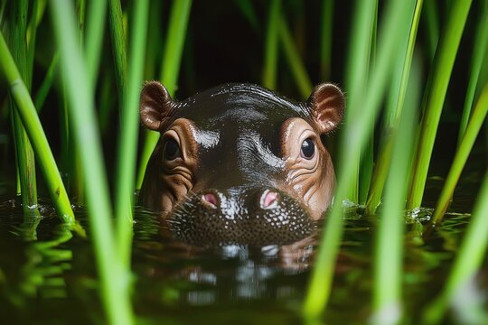 Close-up of a young hippopotamus partially submerged in water surrounded by tall green reeds with a calm and curious expression