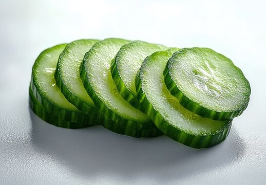 Fresh green cucumber slices arranged on a smooth white surface with visible seeds and moisture droplets