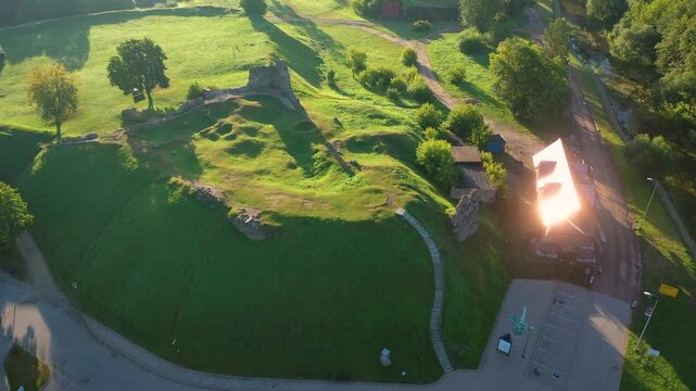 Rezekne, Latgale ,Latvija. Aerial 4K video from drone to of Rezekne city center at sunrise. (Series)
