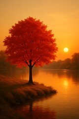 Golden Sunset Over Lake Reflecting Orange Tree and Sky in Tranquil Water