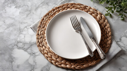 background fork plate mockup with minimalist and generative on or ai white marble over placemat branding empty menu for concept. knife presentation 66828207 1