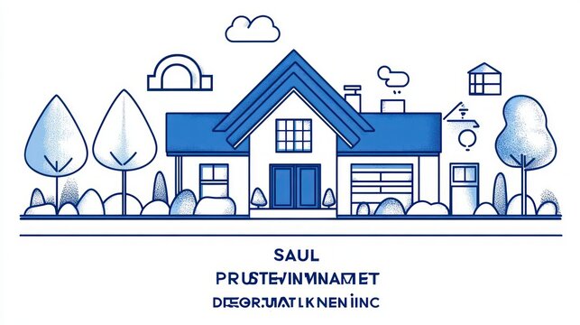 Line art illustration of a suburban house with garage, chimney with smoke, surrounding trees, bushes, clouds and small decorative elements in blue and white