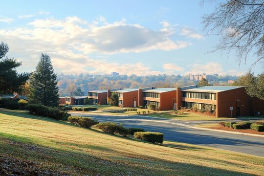 Quiet suburban neighborhood with modern brick apartment buildings surrounded by trees and a sunlit grassy hill under a partly cloudy sky