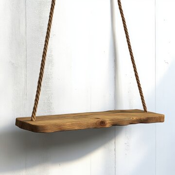 Simple wooden swing seat hanging from thick ropes against a white textured wall casting soft shadows