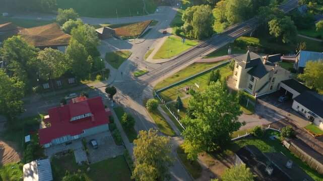 Rezekne, Latgale ,Latvija. Aerial 4K video from drone to of Rezekne city center at sunrise. (Series)