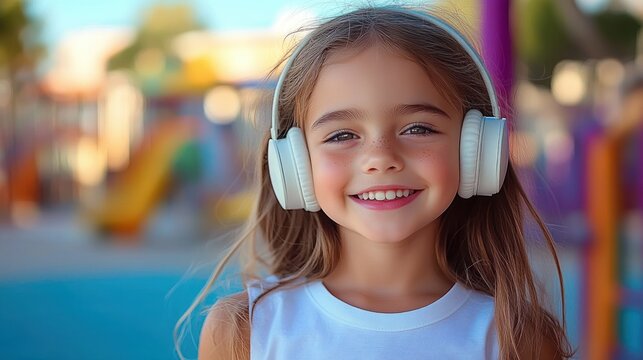 Happy young girl wearing white headphones smiling outdoors in a bright playground setting during daytime