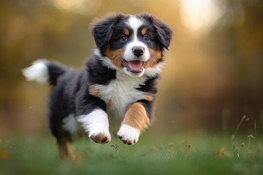 happy fluffy tricolor puppy running energetically on green grass with blurred warm golden background