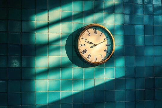 Round wall clock with Roman numerals casting shadows on teal tiled wall in warm sunlight, evoking calm and passage of time