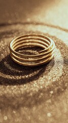 Elegant gold metallic spiral coil ring on sparkling glitter background with warm bokeh light, luxury concept