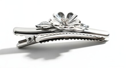 Shiny silver metal alligator hair clip for women, decorative floral jewelry accessory. isolated PNG with Transparent Background