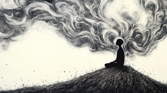 Silhouette of a person sitting cross-legged on a grassy hill with swirling, textured smoke or clouds flowing from their head, evoking a dreamy or contemplative mood