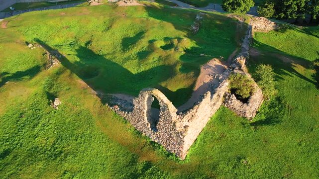 Rezekne, Latgale ,Latvija. Aerial 4K video from drone to of Rezekne city center at sunrise. (Series)
