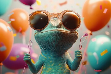 close-up of a blue lizard wearing oversized round sunglasses holding balloon strings surrounded by colorful balloons and falling confetti, festive and joyful atmosphere