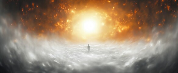 Silhouette of a lone figure standing on a cloudy surface facing a bright, fiery sky filled with glowing orange and yellow light
