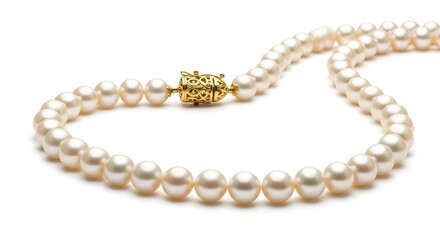 Obraz premium Elegant white freshwater pearl necklace with a detailed gold clasp, photographed against a clean white background, showcasing the lustrous surface of each spherical pearl. isolated PNG with