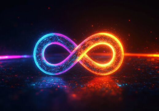 Glowing infinity symbol with bright blue and orange neon lights on a dark reflective surface emitting sparks and particles - Powered by Adobe