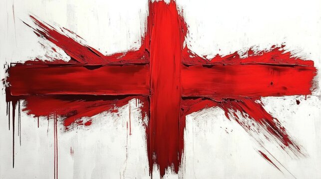 Abstract painting with bold red brushstrokes forming a cross shape on a white background, featuring textured edges and paint drips evoking dynamic energy and intensity