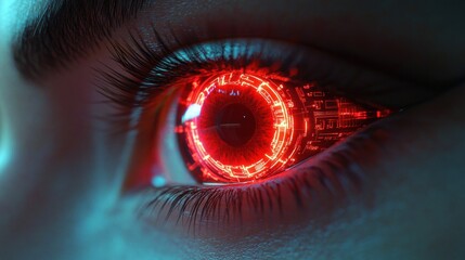 Close-up of a human eye with glowing red digital circuits and futuristic elements inside the iris, creating a high-tech and intense visual effect