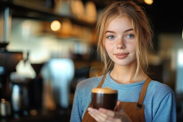 Young woman barista with blonde hair and blue eyes holding a cup of coffee, smiling gently in a cozy cafe environment