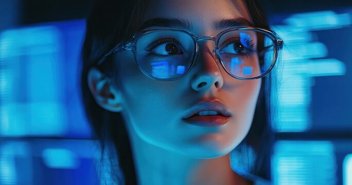 Close-up of a young woman wearing glasses illuminated by multiple blue digital screens, with a focused and contemplative expression in a dark high-tech environment - Powered by Adobe