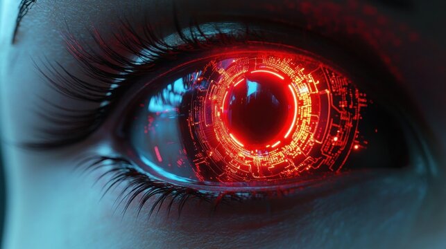 Close-up of a human eye with a glowing red circular digital interface embedded in the iris, emitting futuristic technological vibes