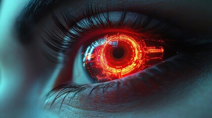 Close-up of a human eye with long eyelashes featuring a glowing red digital circular interface inside the iris, conveying a futuristic and high-tech emotion