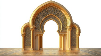 ornate golden archway with intricate lattice design on panels and textured floor under bright lighting